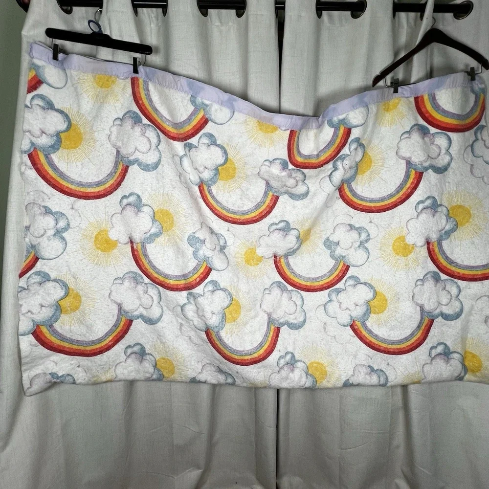 Vintage Rainbow‎ Cloud Sun Fleece Baby Blanket Lavender Satin Trim Retro Nursery